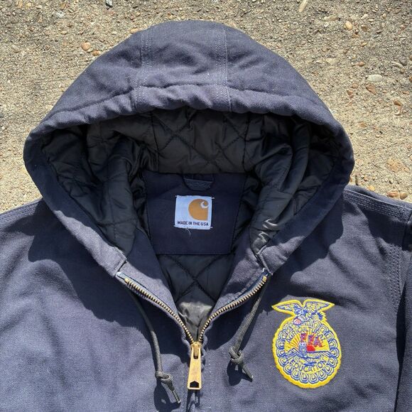 Vintage Carhartt Jacket Women’s XS (0/2) Hooded Navy Blue FFA USA Union Made - Picture 3 of 16
